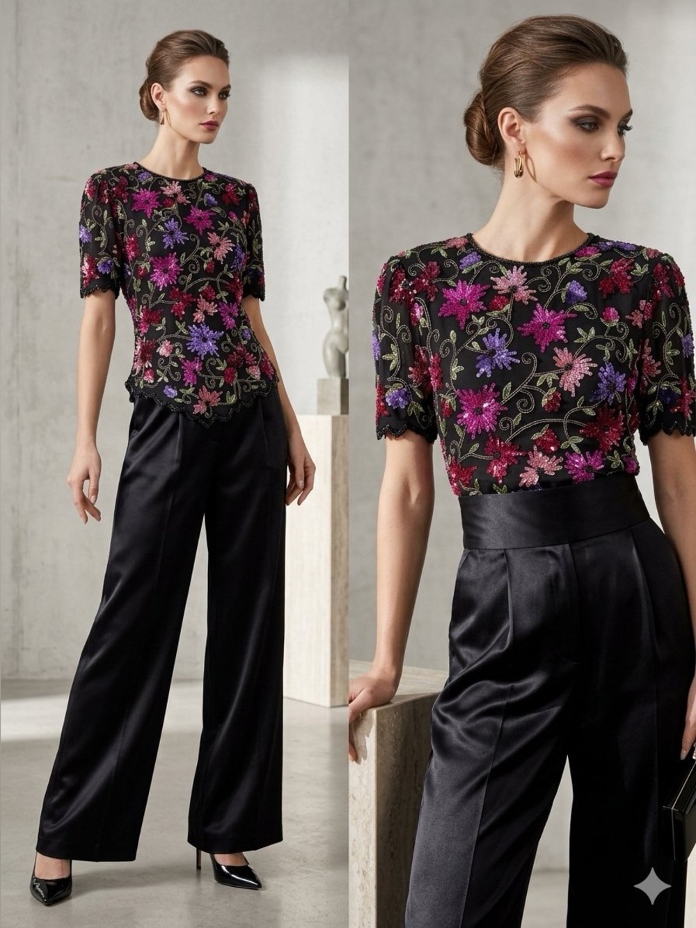 Sequin floral Embellished silk top